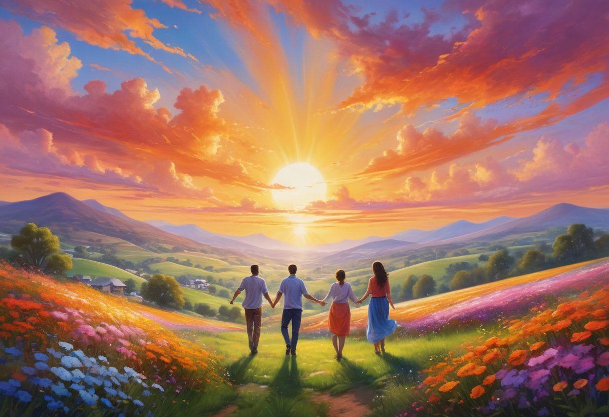 A serene landscape featuring a vibrant sunrise over rolling hills, dotted with blossoming flowers symbolizing joy. In the foreground, a diverse group of people are engaging in joyful activities like dancing, painting, and laughing together, embodying a sense of community and bliss. The sky is a canvas of warm colors, radiating positivity and energy. super-realistic. vibrant colors. peaceful atmosphere.