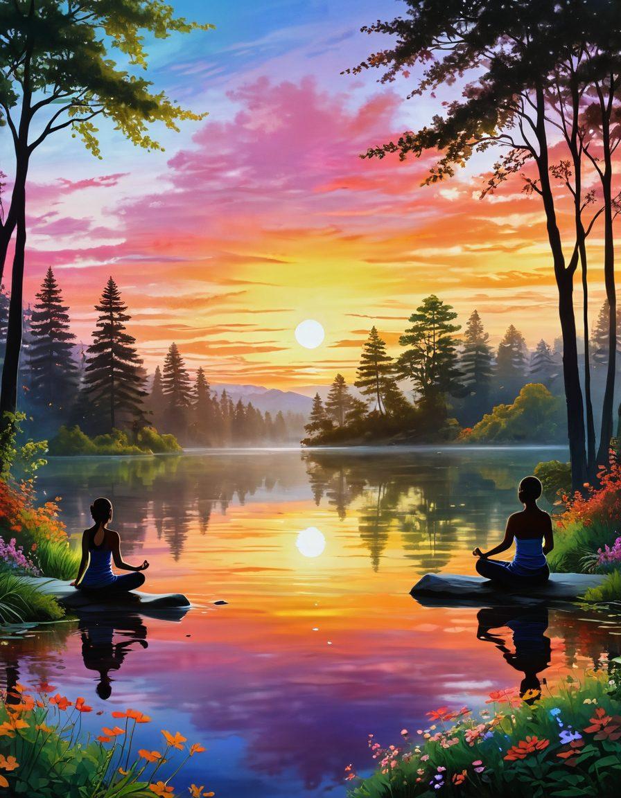 A serene landscape featuring a vibrant sunrise over a tranquil lake, with silhouettes of meditative figures practicing yoga on the shore. Lush green trees surround the area, symbolizing growth and positivity. Add gentle swirls of colorful flowers in the foreground, emanating a sense of joy and mental wellness. Emphasize a warm, inviting color palette. super-realistic. vibrant colors.