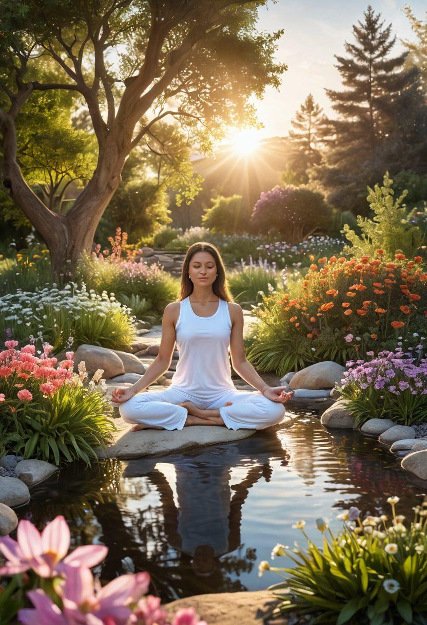 A serene landscape featuring a tranquil sunrise illuminating a peaceful garden filled with blooming flowers and a gentle stream. In the foreground, a person practicing yoga with a content smile, surrounded by soft glowing orbs that represent happiness. The scene radiates warmth and tranquility, inviting viewers to embrace self-care and inner peace. vibrant colors. super-realistic.